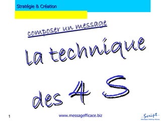 Stratégie & Création




                er un m essage
         compos

           te chn iq ue
        la
           d es 4 S
1                          www.messagefficace.biz
 