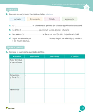 Caracterizar a los actores de la organización política de Chile
161
Sintetiza
Ponte a prueba
1.	 Completa el cuadro de las autoridades de Chile.
2.	 Completa las oraciones con las palabras dadas. Relacionar
a.	 La                                     es un sistema de gobierno que favorece la participación ciudadana.
b.	 En Chile, el                                     es universal, secreto, directo y voluntario.
c.	 Los poderes del                                     se dividen en tres: Ejecutivo, Legislativo y Judicial.
d.	 Según la Constitución, el                                     debe ser elegido por votación popular directa 	
y por mayoría absoluta.
Criterios Presidente Senadores Alcaldes
Poder del Estado
al que pertenece
Composición
y duración
.
Atribuciones
sufragio democracia Estado presidente
 