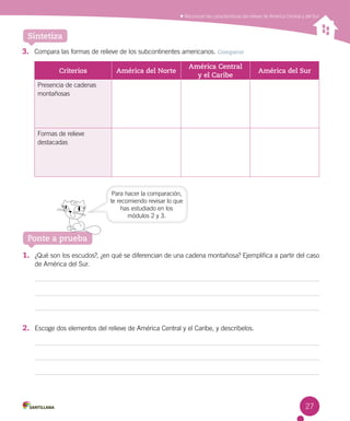Reconocer las características del relieve de América Central y del Sur
27
Sintetiza
3.	 Compara las formas de relieve de los subcontinentes americanos. Comparar
Criterios América del Norte
América Central
y el Caribe
América del Sur
Presencia de cadenas
montañosas
Formas de relieve
destacadas
1.	 ¿Qué son los escudos?, ¿en qué se diferencian de una cadena montañosa? Ejemplifica a partir del caso
de América del Sur.
2.	 Escoge dos elementos del relieve de América Central y el Caribe, y descríbelos.
Ponte a prueba
Para hacer la comparación,
te recomiendo revisar lo que
has estudiado en los
módulos 2 y 3.
 