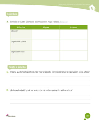 Describir la organización social y política de los aztecas
89
3.	 Completa el cuadro y compara las civilizaciones maya y azteca. Comparar
Sintetiza
Criterios Mayas Aztecas
Ubicación
Organización política
Organización social
1.	 Imagina que tienes la posibilidad de viajar al pasado, ¿cómo describirías la organización social azteca?
2.	 ¿Qué era el calpulli?, ¿cuál era su importancia en la organización política azteca?
Ponte a prueba
 