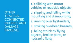 OTHER
TRACTOR-
CONNECTED
INJURIESAND
DAMAGE
INVOLVE:
1. colliding with motor
vehicles or roadside objects;
2. slipping and falling while
mounting and dismounting;
3. running over bystanders;
4. striking overhead hazards;
5. being struck by flying
objects, broken parts, or
hydraulic fluid;
 