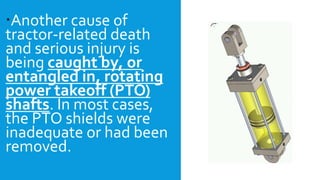 Another cause of
tractor-related death
and serious injury is
being caught by, or
entangled in, rotating
power takeoff (PTO)
shafts. In most cases,
the PTO shields were
inadequate or had been
removed.
 
