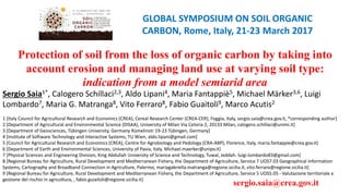 GLOBAL SYMPOSIUM ON SOIL ORGANIC
CARBON, Rome, Italy, 21-23 March 2017
Protection of soil from the loss of organic carbon by taking into
account erosion and managing land use at varying soil type:
indication from a model semiarid area
Sergio Saia1*, Calogero Schillaci2,3, Aldo Lipani4, Maria Fantappiè5, Michael Märker3,6, Luigi
Lombardo7, Maria G. Matranga8, Vito Ferraro8, Fabio Guaitoli9, Marco Acutis2
1 [Italy Council for Agricultural Research and Economics (CREA), Cereal Research Center (CREA-CER), Foggia, Italy, sergio.saia@crea.gov.it, *corresponding author]
2 [Department of Agricultural and Environmental Science (DISAA), University of Milan Via Celoria 2, 20133 Milan, calogero.schillaci@unimi.it]
3 [Department of Geosciences, Tübingen University, Germany Rümelinstr 19-23 Tübingen, Germany]
4 [Institute of Software Technology and Interactive Systems, TU Wien, aldo.lipani@gmail.com]
5 [Council for Agricultural Research and Economics (CREA), Centre for Agrobiology and Pedology (CRA-ABP), Florence, Italy, maria.fantappie@crea.gov.it]
6 [Department of Earth and Environmental Sciences, University of Pavia, Italy. Michael.maerker@unipv.it]
7 [Physical Sciences and Engineering Division, King Abdullah University of Science and Technology, Tuwal, Jeddah. luigi.lombardo83@gmail.com]
8 [Regional Bureau for Agriculture, Rural Development and Mediterranean Fishery, the Department of Agriculture, Service 7 UOS7.03 Geographical Information
Systems, Cartography and Broadband Connection in Agriculture, Palermo, mariagabriella.matranga@regione.sicilia.it, vito.ferraro@regione.sicilia.it]
9 [Regional Bureau for Agriculture, Rural Development and Mediterranean Fishery, the Department of Agriculture, Service 5 UOS5.05 - Valutazione territoriale e
gestione del rischio in agricoltura, , fabio.guiaitoli@regione.sicilia.it]
sergio.saia@crea.gov.it
 