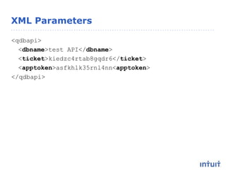 XML Parameters
<qdbapi>
<dbname>test API</dbname>
<ticket>kiedzc4rtab8gqdr6</ticket>
<apptoken>asfkhlk35rnl4nn<apptoken>
</qdbapi>
 