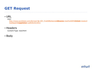 GET Request
• URL
POST
http://www.quickbase.com/db/main?a=API_FindDBByName&dbname=test%20API&ticket=kiedzc4
rtab8gqdr6&apptoken=asfkhlk35rnl4nn
• Headers
Content-Type: text/html
• Body
 