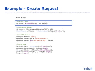 Example - Create Request
string action;
// Get POST data
string data = addRecord(stats, out action);
// Create HTTP Request
string url = “http://www.quickbase.com/db/” + dbid;
HttpWebRequest webRequest = (HttpWebRequest)WebRequest.Create(url);
// Set HTTP Headers
webRequest.Method = "POST";
webRequest.ContentType = "application/xml";
webRequest.Headers.Add("QUICKBASE-ACTION", action);
// Write Body
byte[] postBytes = Encoding.ASCII.GetBytes(data);
webRequest.ContentLength = postBytes.Length;
Stream postStream = webRequest.GetRequestStream();
postStream.Write(postBytes, 0, postBytes.Length);
postStream.Close();
 