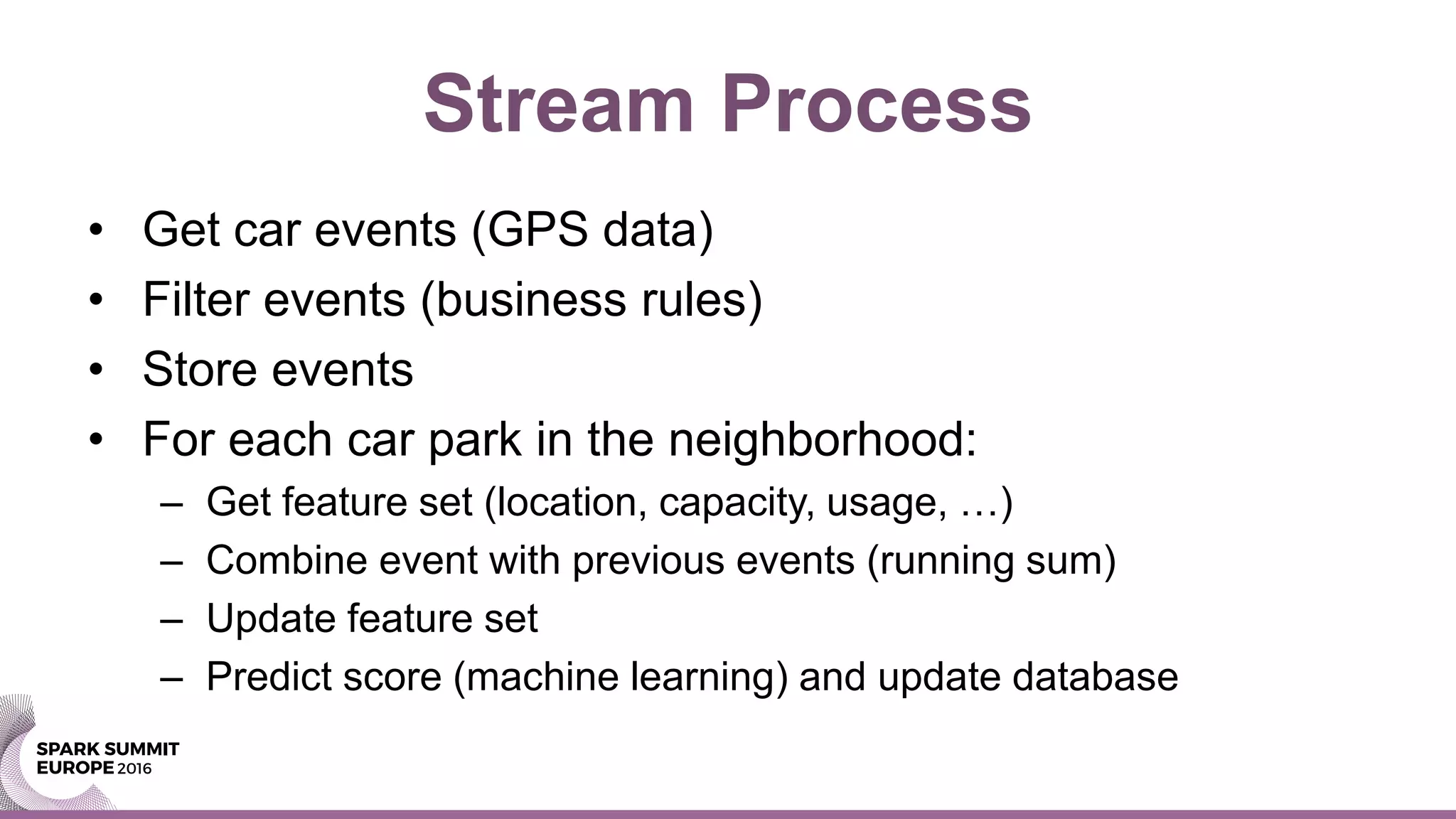 Stream Process
• Get car events (GPS data)
• Filter events (business rules)
• Store events
• For each car park in the neighborhood:
– Get feature set (location, capacity, usage, …)
– Combine event with previous events (running sum)
– Update feature set
– Predict score (machine learning) and update database
 