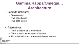 Gamma/Kappa/Omega/…
Architecture
• Lambda Criticism:
– Too complex
– Two code bases
– Two data stores
• Alternatives:
– Treat a stream as a mini-batch
– Treat a batch as a stream of records
– Combine batch and stream within one system
 