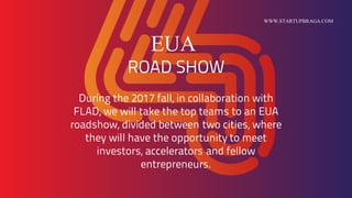 EUA
ROAD SHOW
During the 2017 fall, in collaboration with
FLAD, we will take the top teams to an EUA
roadshow, divided between two cities, where
they will have the opportunity to meet
investors, accelerators and fellow
entrepreneurs.
WWW.STARTUPBRAGA.COM
 