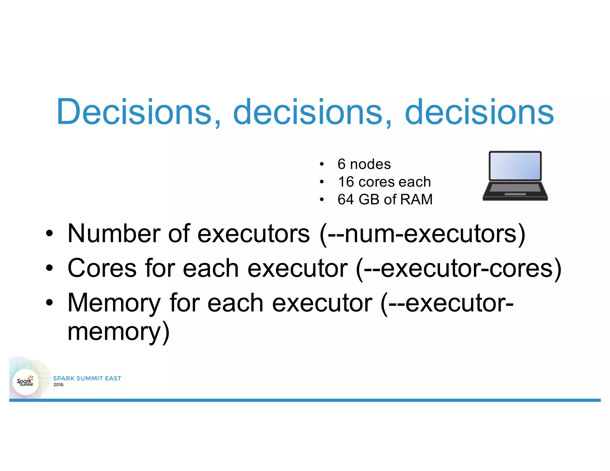 Decisions, decisions, decisions
• Number of executors (--num-executors)
• Cores for each executor (--executor-cores)
• Memory for each executor (--executor-
memory)
• 6 nodes
• 16 cores each
• 64 GB of RAM
 