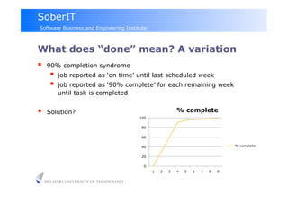 SoberIT
Software Business and Engineering Institute



What does “done” mean? A variation
     90% completion syndrome
         job reported as ‘on time’ until last scheduled week
         job reported as ‘90% complete’ for each remaining week
          until task is completed


     Solution?                                            % complete
                                         100

                                         80

                                         60

                                         40                                        % complete


                                         20

                                          0
                                               1   2   3   4   5   6   7   8   9

     HELSINKI UNIVERSITY OF TECHNOLOGY
 