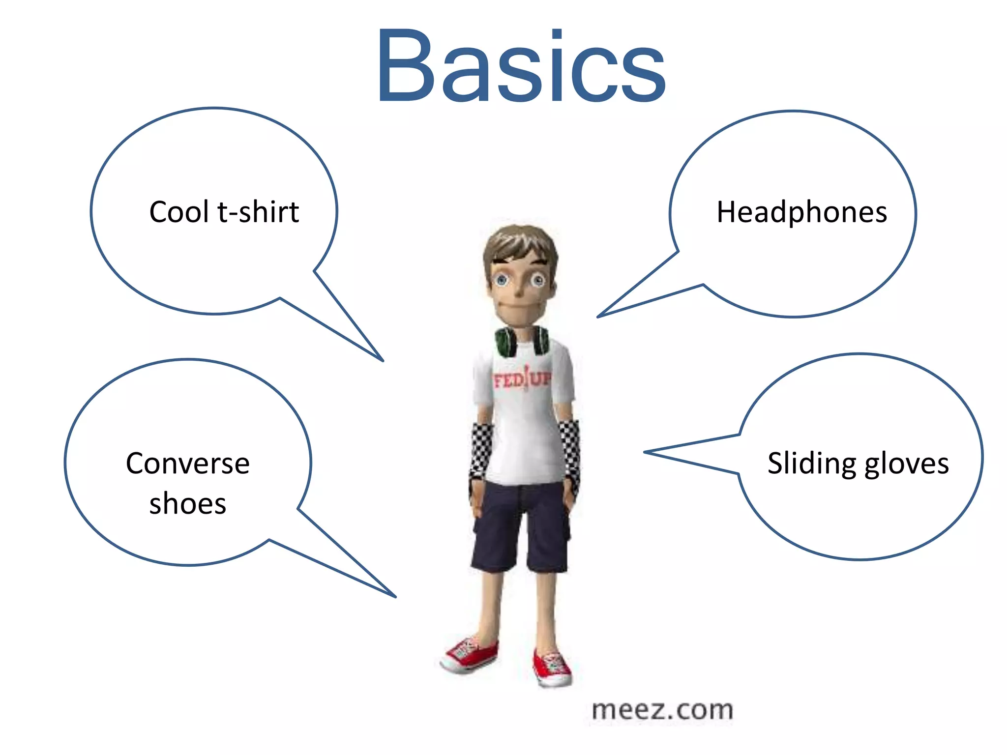 Basics
Cool t-shirt Headphones
Sliding glovesConverse
shoes
 