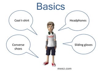 Basics
Cool t-shirt Headphones
Sliding glovesConverse
shoes
 