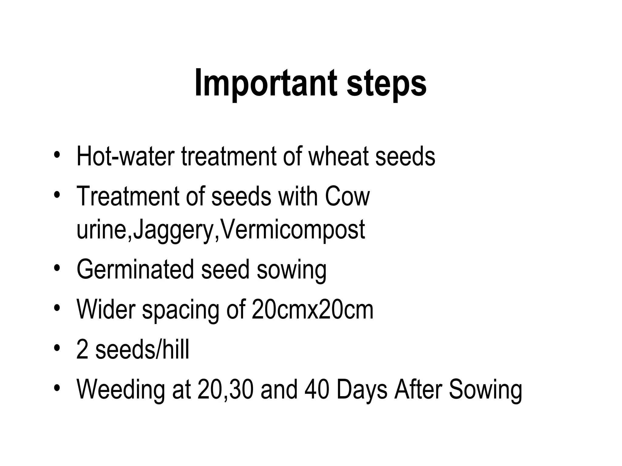 Important steps
• Hot-water treatment of wheat seeds
• Treatment of seeds with Cow
  urine,Jaggery,Vermicompost
• Germinated seed sowing
• Wider spacing of 20cmx20cm
• 2 seeds/hill
• Weeding at 20,30 and 40 Days After Sowing
 