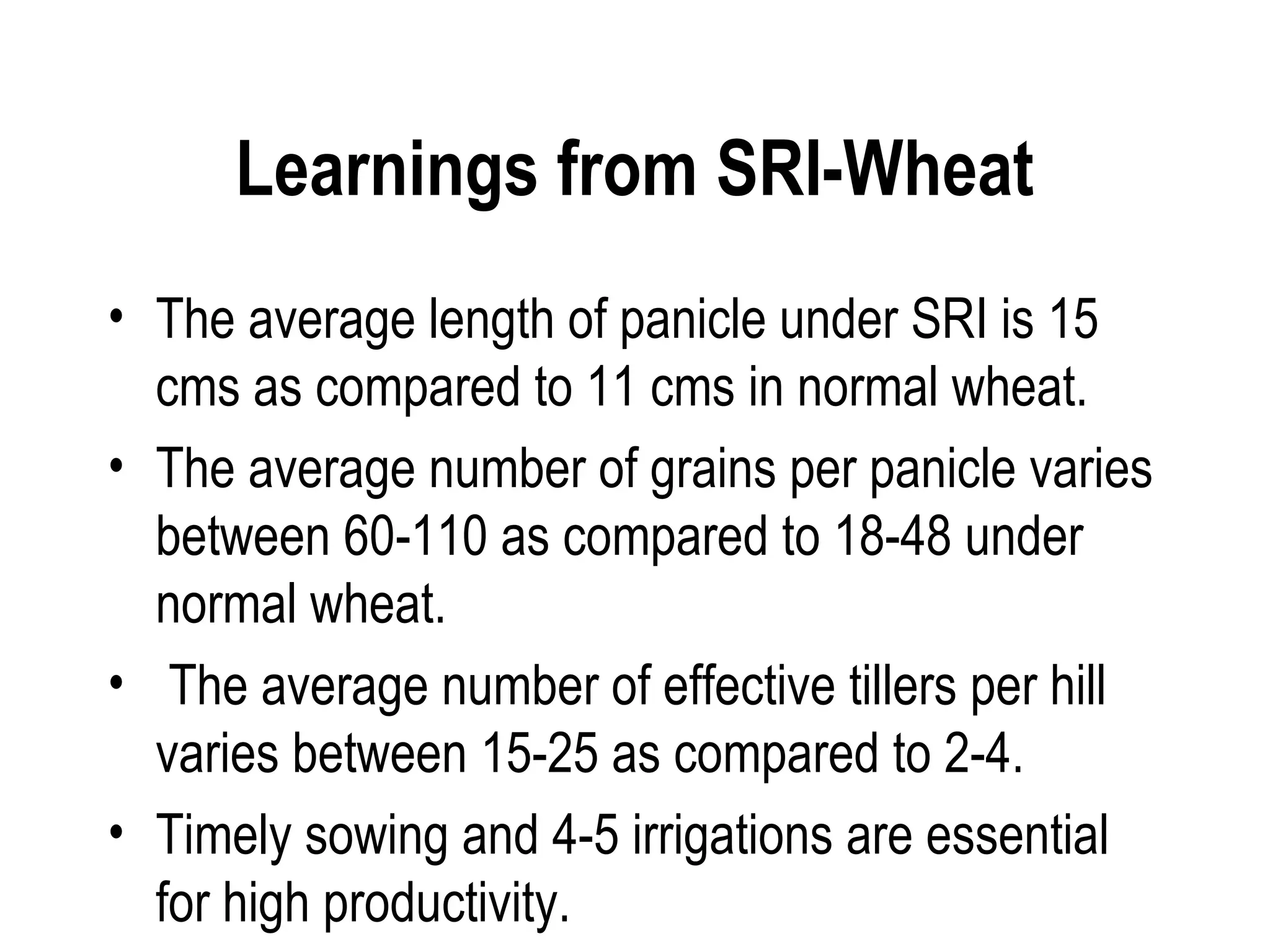 Learnings from SRI-Wheat
• The average length of panicle under SRI is 15
  cms as compared to 11 cms in normal wheat.
• The average number of grains per panicle varies
  between 60-110 as compared to 18-48 under
  normal wheat.
• The average number of effective tillers per hill
  varies between 15-25 as compared to 2-4.
• Timely sowing and 4-5 irrigations are essential
  for high productivity.
 