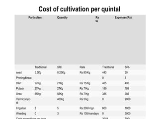Cost of cultivation per quintal
             Particulars        Quantity                   Ra                 Expenses(Rs)
                                                           te




                  Traditional   SRI        Rate                 Traditional          SRI-
seed              5.5Kg         0.25Kg     Rs 80/Kg             440                  20
Priming&treat                                                   0                    5
DAP               27Kg          27Kg       Rs 15/Kg             405                  405
Potash            27Kg          27Kg       Rs 7/Kg              189                  189
Urea              55Kg          55Kg       Rs 7/Kg              385                  385
Vermicompo                      400kg      Rs 5/kg              0                    2000
st
Irrigation        3             5          Rs 200/irrign        600                  1000
Weeding           0             3          Rs 100/mandays       0                    3000
 