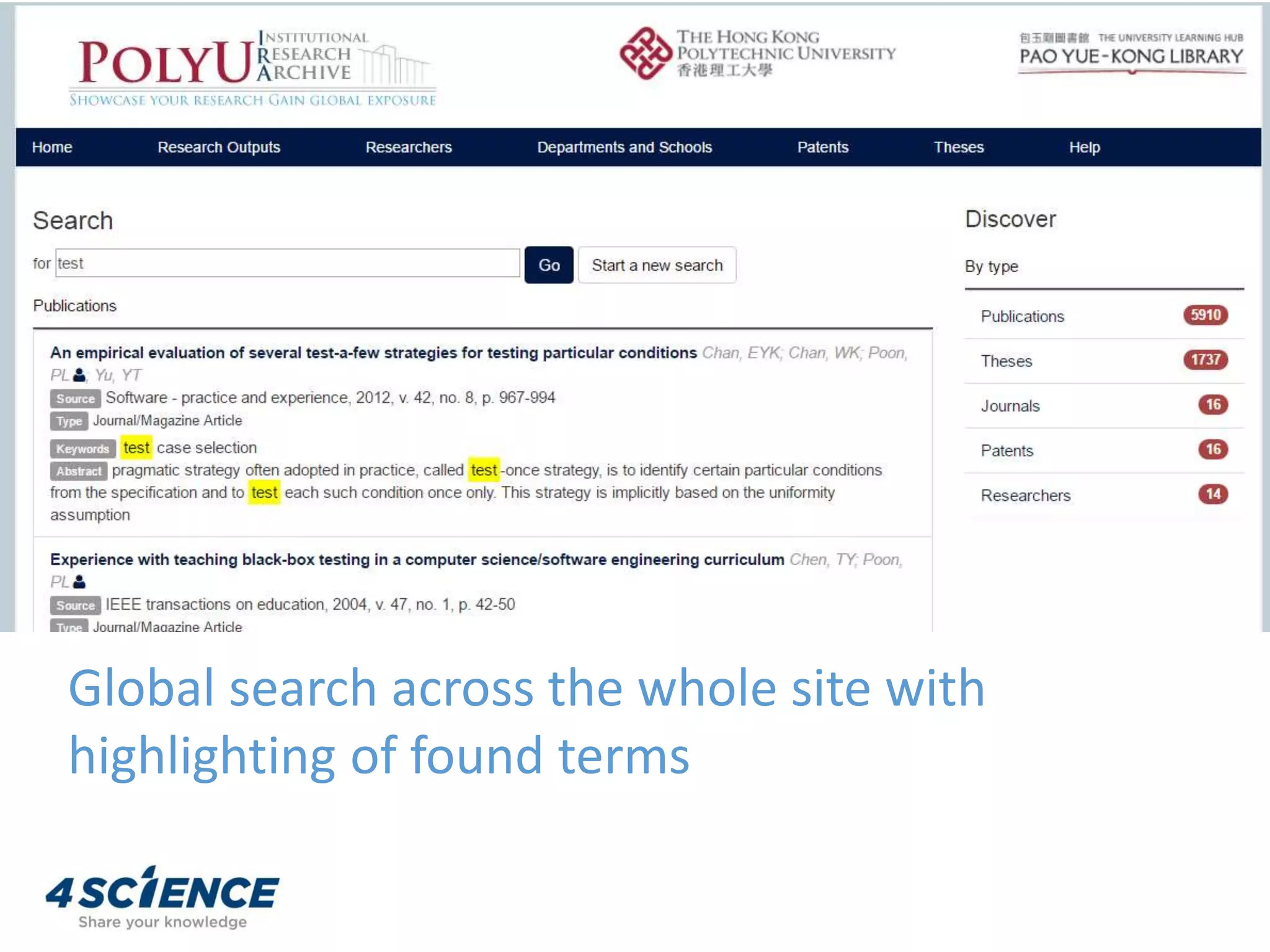 Global search across the whole site with
highlighting of found terms
 