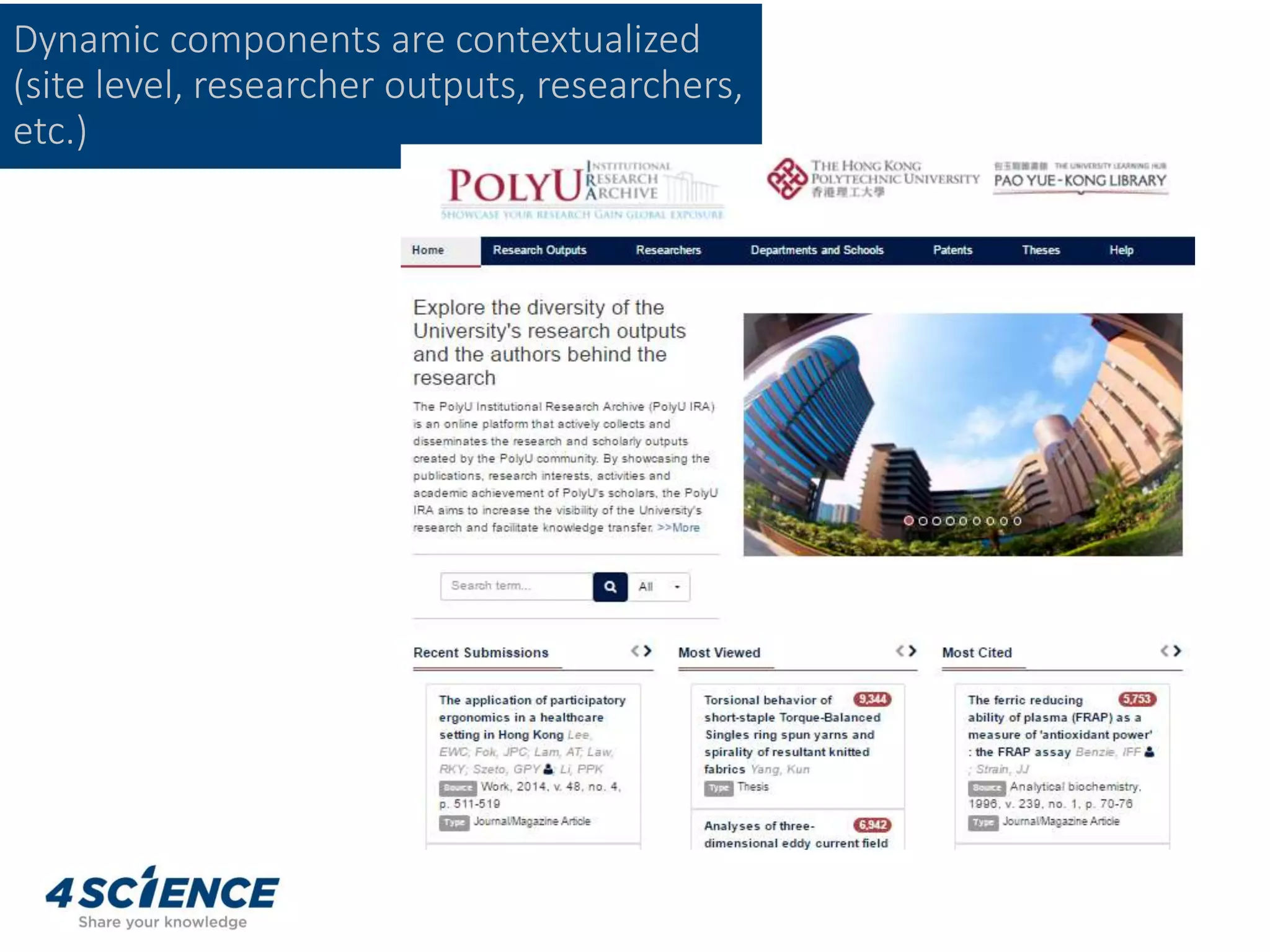 Dynamic components are contextualized
(site level, researcher outputs, researchers,
etc.)
 