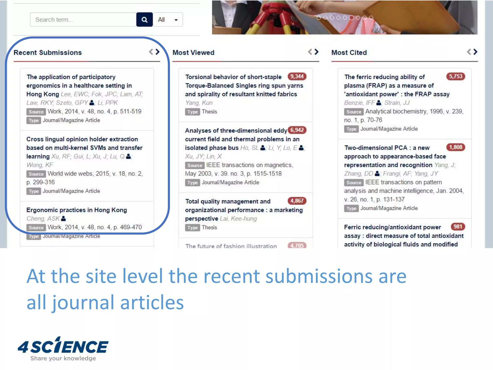 At the site level the recent submissions are
all journal articles
 