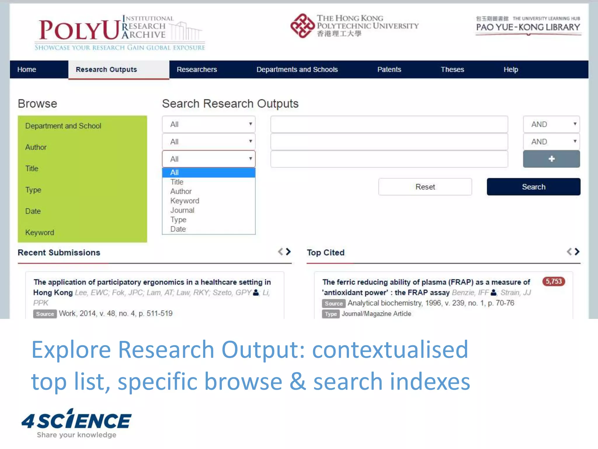 Explore Research Output: contextualised
top list, specific browse & search indexes
 