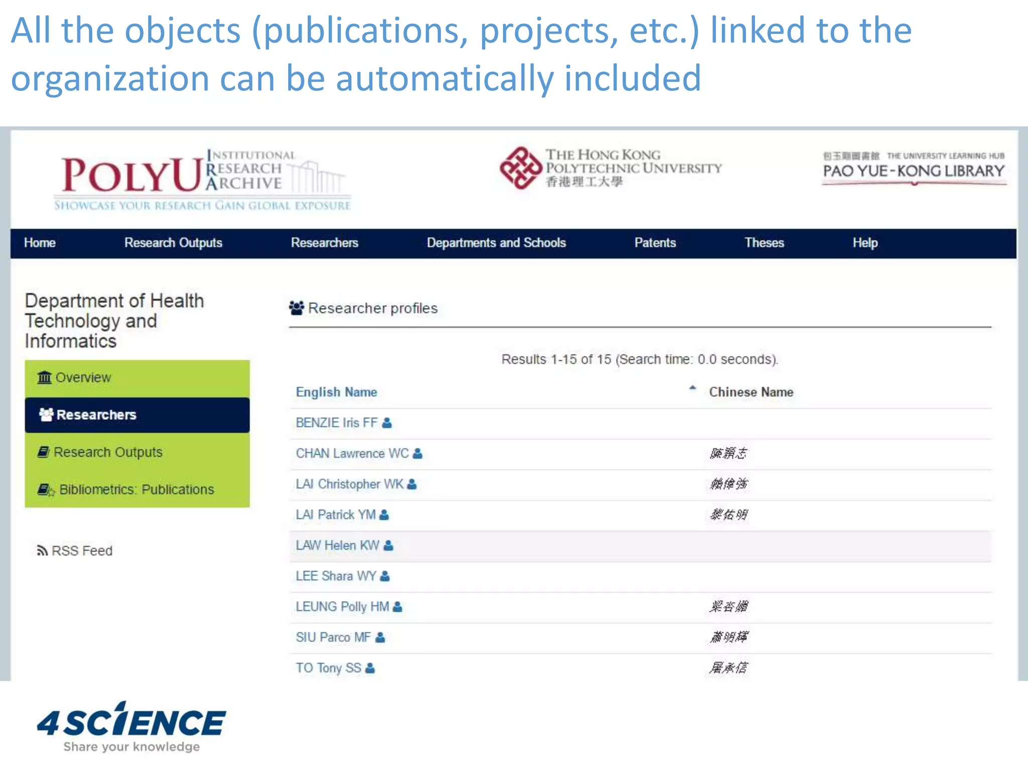 All the objects (publications, projects, etc.) linked to the
organization can be automatically included
 