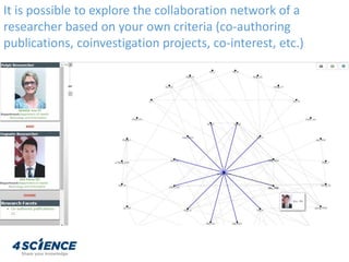 It is possible to explore the collaboration network of a
researcher based on your own criteria (co-authoring
publications, coinvestigation projects, co-interest, etc.)
 