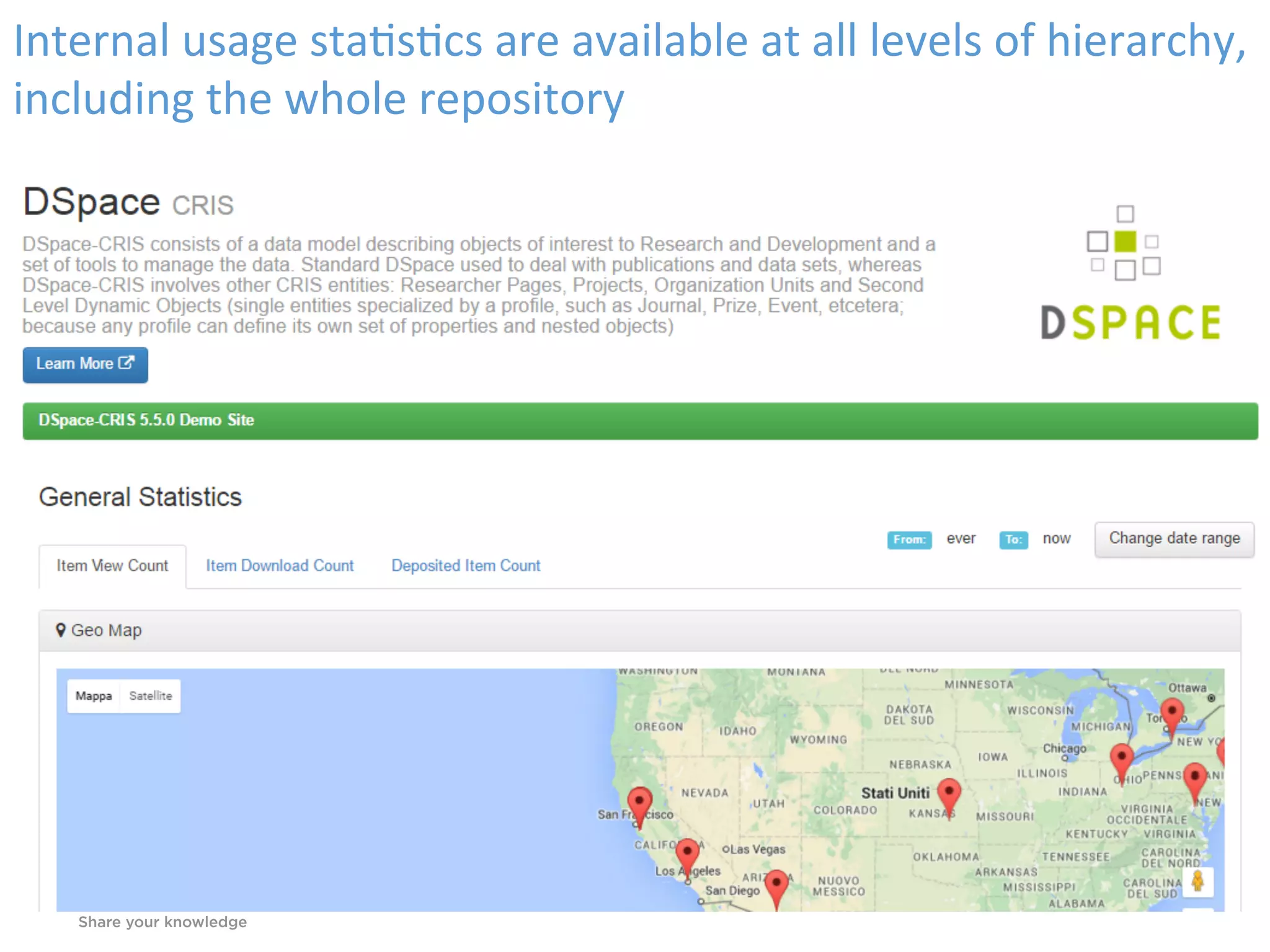 Internal	usage	sta,s,cs	are	available	at	all	levels	of	hierarchy,	
including	the	whole	repository	
 