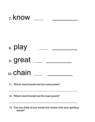 7.    know           ______          _________




8.    play               ______      _________

9.    great         ______      _________

10.   chain         ______      _________
11. Which word/words had the most points?

_______________________________________________________

12. Which word/words had the least points?

_______________________________________________________

13. Can you think of any words that rhyme with your spelling
      words?
 