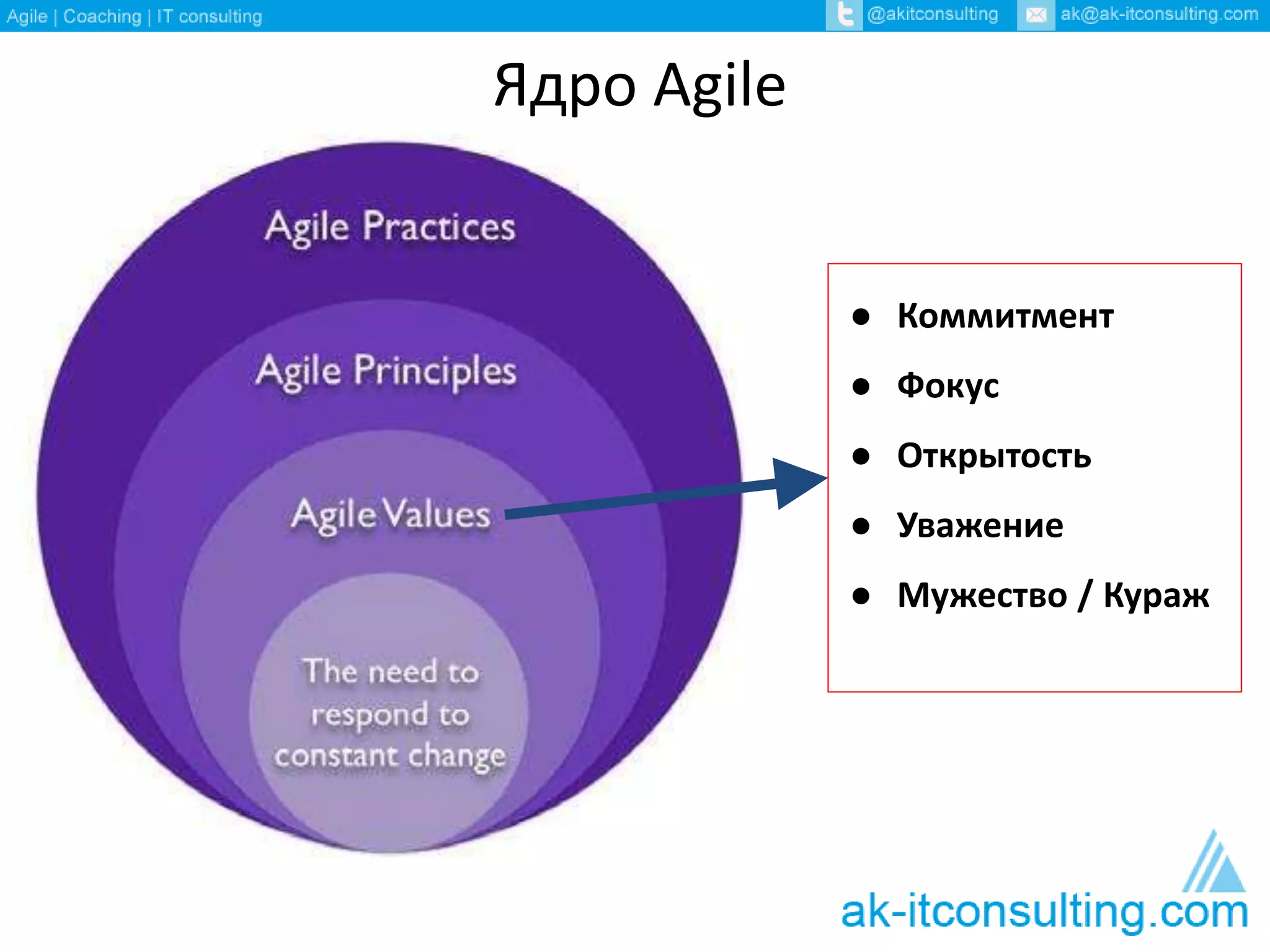 Ядро Agile 
● Коммитмент 
● Фокус 
● Открытость 
● Уважение 
● Мужество / Кураж 
 