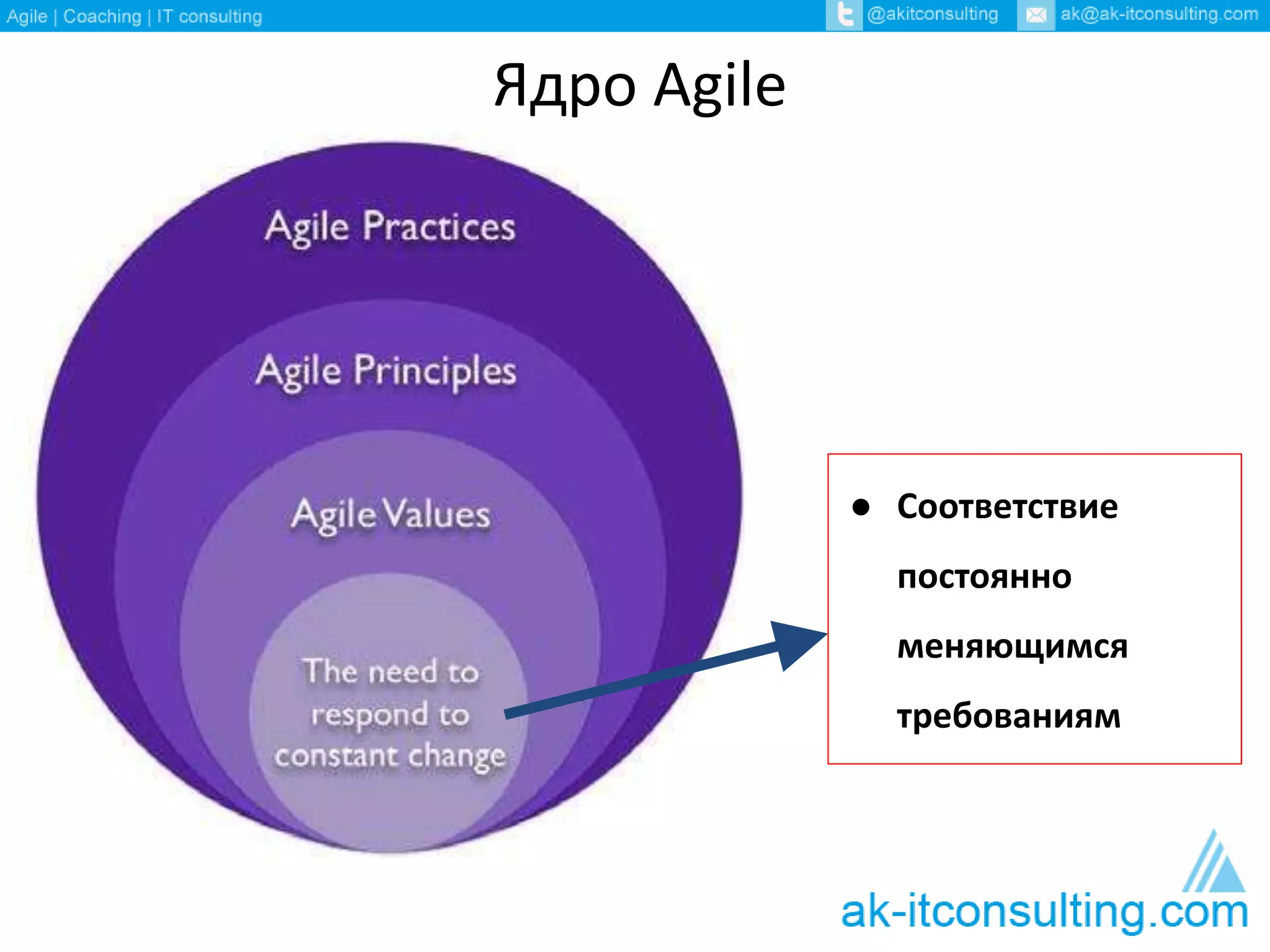 Ядро Agile 
● Соответствие 
постоянно 
меняющимся 
требованиям 
 