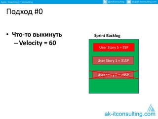 Подход #0 
• Что-то выкинуть 
– Velocity = 60 
Sprint Backlog 
User Story 5 = 9SP 
User Story 1 = 31SP 
User Story 2 = 29SP 
 
