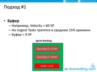 Подход #1 
• Буфер 
– Например, Velocity = 60 SP 
– На Urgent Tasks тратится в среднем 15% времени 
– Буфер = 9 SP 
Sprint Backlog 
User Story 1 = 21 SP 
User Story 2 = 30 SP 
Buffer = 9 SP 
 