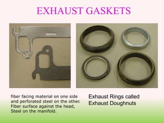 EXHAUST GASKETS
Exhaust Rings called
Exhaust Doughnuts
fiber facing material on one side
and perforated steel on the other.
Fiber surface against the head,
Steel on the manifold.
 
