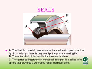 SEALS
 A. The flexible material component of the seal which produces the
lip. In this design there is only one lip, the primary sealing lip.
B. The outer shell of the seal holds the seal in place.
C. The garter spring (found in most seal designs) is a coiled wire
spring that provides a controlled radial load over time.
 