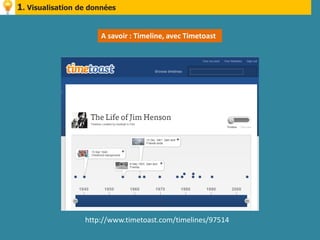 1. Visualisation de données


                      A savoir : Timeline, avec Timetoast




                  http://www.timetoast.com/timelines/97514
 