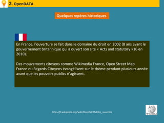 2. OpenDATA

                           Quelques repères historiques




   En France, l'ouverture se fait dans le domaine du droit en 2002 (8 ans avant le
   gouvernement britannique qui a ouvert son site « Acts and statutory »16 en
   2010).

   Des mouvements citoyens comme Wikimedia France, Open Street Map
   France ou Regards Citoyens évangélisent sur le thème pendant plusieurs année
   avant que les pouvoirs publics n'agissent.




                        http://fr.wikipedia.org/wiki/Donn%C3%A9es_ouvertes
 