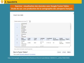 2. OpenDATA
           Exercice : visualisation des données avec Google Fusion Tables
       Etude de cas: une production de la cartographie des aéroports français




  https://www.google.com/fusiontables/DataSource?dsrcid=implicit&folder=0B490CcFm_ei4S0sxTXBtbTZSREk
 