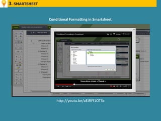 3. SMARTSHEET


                Conditional Formatting in Smartsheet




                    http://youtu.be/aEJRFf1OT3c
 