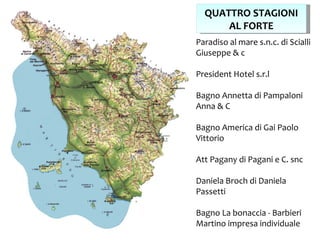 QUATTRO STAGIONI
      AL FORTE
Paradiso al mare s.n.c. di Scialli
Giuseppe & c

President Hotel s.r.l

Bagno Annetta di Pampaloni
Anna & C

Bagno America di Gai Paolo
Vittorio

Att Pagany di Pagani e C. snc

Daniela Broch di Daniela
Passetti

Bagno La bonaccia - Barbieri
Martino impresa individuale
 