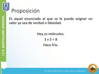 Proposición
Es aquel enunciado al que se le puede asignar un
valor ya sea de verdad o falsedad.
Hoy es miércoles.
3 x 5 = 8
Hace frío.
 