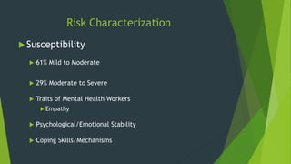 Risk Characterization
 Susceptibility
 61% Mild to Moderate
 29% Moderate to Severe
 Traits of Mental Health Workers
 Empathy
 Psychological/Emotional Stability
 Coping Skills/Mechanisms
 