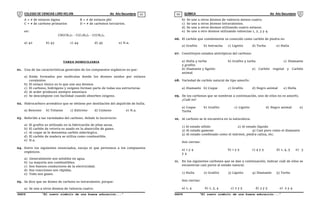 COLEGIO DE CIENCIAS LORD KELVIN 4to Año Secundaria QUÍMICA 4to Año Secundaria
S4QI31B “El nuevo símbolo de una buena educación...” S4QI31B “El nuevo símbolo de una buena educación...”
03 04
A = # de enlaces sigma B = # de enlaces phí
C = # de carbono primarios D = # de carbonos terciarios.
en:
CH(CH3)2 - C(C2H5)2 - C(CH3)3
a) 42 b) 43 c) 44 d) 45 e) N.a.
TAREA DOMICILIARIA
01. Una de las características generales de los compuestos orgánicos es que:
a) Están formados por moléculas donde los átomos unidos por enlaces
covalentes
b) El enlace iónico es lo que une sus átomos
c) El carbono, hidrógeno y oxígeno forman parte de todas sus estructuras.
d) Al arder producen siempre amoníaco
e) Se descompone con facilidad cuando absorben oxígeno.
02. Hidrocarburo aromático que se obtiene por destilación del alquitrán de hulla.
a) Benceno b) Tolueno c) Estireno d) Cumeno e) N.a.
03. Referido a las variedades del carbono. Señale lo incorrecto:
a) El grafito es utilizado en la fabricación de pilas secas.
b) El carbón de retorta es usado en la absorción de gases.
c) Al coque se le denomina carbón siderúrgico.
d) El carbón de madera se utiliza como combustible.
e) N.a.
04. Entre los siguientes enunciados, escoja el que pertenece a los compuestos
orgánicos.
a) Generalmente son solubles en agua.
b) La mayoría son combustibles.
c) Son buenos conductores de la electricidad.
d) Sus reacciones son rápidas.
e) Todo son gases.
05. Se dice que un átomo de carbono es tetravalente, porque:
a) Se une a otros átomos de valencia cuatro.
b) Se une a otros átomos de valencia menos cuatro.
c) Se une a otros átomos tetravalentes.
d) Se une a otros átomos utilizando cuatro enlaces.
e) Se une a otro átomos utilizando valencias 1, 2, 3 y 4.
06. El carbón que comúnmente es conocido como carbón de piedra es:
a) Grafito b) Antracita c) Lignito d) Turba e) Hulla
07. Constituyen estados alotrópicos del carbono:
a) Hulla y turba b) Grafito y turba c) Diamante
y grafito
d) Diamante y lignito e) Carbón vegetal y Carbón
animal
08. Variedad de carbón natural de tipo amorfo:
a) Diamante b) Coque c) Grafito d) Negro animal e) Hulla
09. De los carbonos que se nombran a continuación, uno de ellos no es amorfo.
¿Cuál es?
a) Coque b) Grafito c) Lignito d) Negro animal e)
Turba
10. Al carbono se le encuentra en la naturaleza:
1) Al estado sólido 2) Al estado líquido
3) Al estado gaseoso 4) Casi puro como el diamante
5) Al estado combinado como el mármol, piedra caliza, etc.
Son ciertas:
a) 1 y 4 b) 1 y 5 c) 4 y 5 d) 1, 4, 5 e) 3
y 4
11. En los siguientes carbones que se dan a continuación, indicar cuál de ellos se
encuentran casi puros al estado natural.
1) Hulla 2) Grafito 3) Lignito 4) Diamante 5) Turba
Son ciertas:
a) 1, 4 b) 1, 3, 4 c) 2 y 5 d) 3 y 5 e) 2 y 4
 