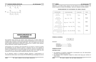 COLEGIO DE CIENCIAS LORD KELVIN 4to Año Secundaria QUÍMICA 4to Año Secundaria
S4QI31B “El nuevo símbolo de una buena educación...” S4QI31B “El nuevo símbolo de una buena educación...”
03 04
HIDROCARBUROS NO
SATURADOS
DE DOBLE ENLACE O
ALQUENOS
CH
3
CH CH CH CH
3
04.
CH
2
3
CH
CH
3
3
CH
CH C CH CH CH
2
05.
CH
2
CH
2
3
CH
3
CH
2
CH
3
2
CH
3
CH
Son aquellos cuyos átomos de carbono están unidos por un enlace doble; los
carbonos que contienen el doble enlace presentan hibridación Sp2
, de modo que
el doble enlace consiste de un enlace sigma (Sp2
- Sp2
) y un enlace pi (p -p). Se le
llama también hidrocarburos etílénicos o etilenos por el nombre como olefinas,
de gas oleificante (nombre antiguo del etileno).
Teóricamente se le considera como derivados de los alcanos: el alcano al perder
dos hidrógenos de dos carbonos vecinos o contiguos (uno de c/u) originan el
alqueno correspondiente con un doble enlace entre los carbonos contiguos. Esta
es la razón por la cual el primer miembro de esta serie es el eteno (de dos
carbonos). No existe meteno pues solamente tendría un solo carbono.
En el siguiente cuadro se muestran algunos alquenos o hidrocarburos no
saturados de doble enlace (se les llama NO SATURADOS para distinguir los de los
saturados y de doble enlace porque los dos átomos de carbono contiguos del
alcano al perder un átomo de hidrógeno cada uno, originan un doble enlace).
HIDROCARBUROS NO SATURADOS DE DOBLE ENLACE
Formula Desarrollada Formula Semidesarrollada Formula Global Nombre
H C
H
H C
H
H
C
H
H
H C
H
C
H
C
H
H
H C
H
C
H
C
H
H
C
H
H
CH CH
2 2
CH
2
CH 3
CH
CH
2 CH CH 2
CH 3
CH
2 CH CH 2 CH 3
CH2
C H
4
2
C H
6
3
C H
10
5
C H
12
6
EtENO
PropENO
ButENO
PentENO
HexENO
C H
8
4
C H
H
C
H
H
H
C
H
H
H
C
H
H
H C
H
C
H
C
H
H
C
H
H
C
H
H
H
C
H
H
CH2 CH CH2 CH3
CH2 CH2
FORMULA GENERAL:
Ejemplos:
Dodeceno …………………. C12 H 24
Pentadeceno…....…………. C15 H 30
Octadeceno ………………. .C18 H 36
NOMENCLATURA:
SISTEMA IUPAC
1. Los alquenos se nombran cambiando la terminación ano, del hidrocarburo
saturado correspondiente por ENO.
2. Se considera como compuesto original la cadena más larga que contiene el
doble enlace.
C n H 2 n
 