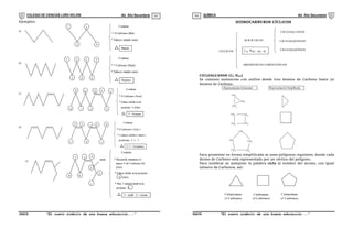 COLEGIO DE CIENCIAS LORD KELVIN 4to Año Secundaria QUÍMICA 4to Año Secundaria
S4QI31B “El nuevo símbolo de una buena educación...” S4QI31B “El nuevo símbolo de una buena educación...”
03 04
Ejemplos:
a)
1
2
3
4
Contiene
* 4 Carbonos (But)
* Enlaces simples (ano)
Butano
b)
1
2
3
4
Contiene
* 7 Carbonos (Hept)
* Enlaces simples (ano)
Heptano
5
6
7
c)
1
3
2
4
Contiene
* 9 Carbonos (Non)
* Enlace doble en la
3 - Noneno
6
5
7
8
9
posicion 3 (Eno)
d)
1
3
2
4
Contiene
* 8 Carbonos ( Octa )
* 2 enlaces dobles ( dieno )
2, 5 - Octadieno
5 6
7
8
posiciones 2 y 5
e)
1
3
2
4
Contiene
* Recuerda enumerar el
* Enlace doble en la posicion
3 - metil - 4 - octeno
5
6
7
8
metil
mayor # de Carbonos (8)
(Oct)
4 (eno)
* Hay 1 radical metil en la
posicion 3
HIDROCARBUROS CÍCLICOS
CICLICOS
ALICICLICOS
CICLOALCANOS
CICLOALQUENOS
CICLOALQUINOS
C H
n 2n - 2d - 4t
AROMÁTICOS O BENCENICOS
CICLOALCANOS (Cn H2n)
Se conocen sustancias con anillos desde tres átomos de Carbono hasta 30
átomos de Carbono.
Representación Estructural Representación Simplificada
CH2
CH2
CH2
CH2 CH2
CH2
CH2
CH2
CH2 CH2
CH2 CH2
Para presentar en forma simplificada se usan polígonos regulares, donde cada
átomo de Carbono está representado por un vértice del polígono.
Para nombrar se antepone la palabra ciclo al nombre del alcano, con igual
número de Carbonos, así:
Ciclopropano
(3 Carbonos)
Ciclopentano
Ciclobutano
(4 Carbonos) (5 Carbonos)
 