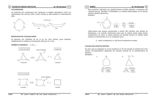 COLEGIO DE CIENCIAS LORD KELVIN 4to Año Secundaria QUÍMICA 4to Año Secundaria
S4QI31B “El nuevo símbolo de una buena educación...” S4QI31B “El nuevo símbolo de una buena educación...”
03 04
CICLOHEXANO
La molécula del ciclohexano por mantener el ángulo tetraédrico (109) se
representan dos formas (silla y bote) siendo la más estable la conformación
silla.
CH2
Conformaciones
Silla Bote
CH2
CH
2
CH2
CH2
CH2
RADICALES DE CICLOALCANOS
Se generan por pérdidas de un H en un ciclo alcano, para nombrar
simplemente se cambia la terminación ANO por IL o ILO.
FORMULA GENERAL: Cn H2n - 1
Ciclopropano
CH -
CICLO ALCANO RADICAL
perdió un hidrogeno
Ciclopropil
CH
2
CH2
CH2
CH
2
CH
2
Ciclobutano
CICLO ALCANO
perdió un hidrogeno
Ciclobutil
CH -
CH2 CH
2
CH2 CH2
CH2
CH
2 CH2
Para nombrar radicales con ramificaciones se debe empezar a enumerar del
Carbono que ha “perdido“ el Hidrógeno y el radical debe quedar con el menor
número posible (posición).
Ejemplo:
2
1
5
3 4
CH3 2 -
posición
metil
hay un
CH
del radical
ciclopentilo
pentágono
5 carbonos
3
Observamos que hemos enumerados a partir del Carbono que perdió un
Hidrógeno y en sentido antihorario para que el radical metil tenga menor
numeración (2), pero si usted enumera en sentido horario el radical metil
tendría la numeración (5) y su respuesta sería:
5 - metil ciclopentilo, el cuál sería totalmente errónea
CICLOS CON SUSTITUYENTES
En este caso se antepone el (o los) nombres (s) de las mismas al nombre del ciclo
alcano correspondiente siguiendo las mismas normas de la nomenclatura de
alcanos.
Ejemplos:
A)
metil ciclopentano
hay un pentagono
CH3 5 carbonos
B)
etil ciclopropano
hay un triangulo
3 carbonos
CH
3
3
CH
CH2
CH
CH 3
2
 