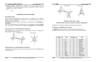 COLEGIO DE CIENCIAS LORD KELVIN 4to Año Secundaria QUÍMICA 4to Año Secundaria
S4QI31B “El nuevo símbolo de una buena educación...” S4QI31B “El nuevo símbolo de una buena educación...”
03 04
C. Fórmula Global: (molecular): Es donde no se brinda ningún tipo de
información de como están unidos los átomos, solamente se indica el número
de átomos que integra la fórmula.
Ejm.:
C H
5 12
CONFORMACIONES ROTATORIAS
CONFORMACIONES:
Son las diferentes disposiciones de los átomos en el espacio, son un número
infinito. Estas conformaciones dependen de la relación angular entre los
Hidrógenos de cada Carbono.
Como base existen dos formas diferentes de conformaciones: ALTERNADA y
ECLIPSADA.
Estas dos conformaciones lo representamos con el compuesto orgánico ETANO
CH3 – CH3 para lo cual utilizaremos el esquema de CABALLETE y el de NEWMAN.
EXPLICACIÓN DE LA CONFORMACIÓN ALTERNADA.
Cada Hidrógeno del Carbono delantero está colocado entre los Carbonos del
Hidrógeno del Carbono posterior.
H
H
H
H
H
H
Esquema Caballete
H
H
H
H
H
H
Esquema Newman
EXPLICACIÓN DE LA CONFORMACIÓN ECLIPSADA.
El Hidrógeno del Carbono delantero está directamente en frente al Hidrógeno del
Carbono de atrás.
H
H
H
H
H
H
Esquema Caballete
H
H
H
H
H
H
Esquema Newman
H
NOMENCLATURA IUPAC (1892)
(INTERNATIONAL UNION OF PURE AND APPLIED CHEMESTRY)
I.U.P.A.C.: Es el máximo organismo Internacional de Química
PARTES DE LA NOMENCLATURA IUPAC.
a. PREFIJO: Indica el nombre y la ubicación de las ramificaciones
b. RAÍZ: Indica el número de átomos de Carbono de la cadena principal.
Número de
Cn
Raíz Número de
Cn
Raíz
C1 met C17 heptadec
C2 et C18 octadec
C3 prop C19 nonadec
C4 but C20 eicos
C5 pent C21 heneicos
C6 hex C22 dDocos
C7 hept C30 triacont
C8 oct C31 hentriacont
C9 non C33 tritiacont
C10 dec C35 pentacont
C11 undec C40 tetracont
C12 dodec C100 hect
C13 tridec C112 dodecahect
C14 tetradec C124 tetracoshect
 