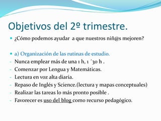 Objetivos del 2º trimestre.
 ¿Cómo podemos ayudar a que nuestros niñ@s mejoren?
 a) Organización de las rutinas de estudio.
- Nunca emplear más de una 1 h, 1 ´30 h .
- Comenzar por Lengua y Matemáticas.
- Lectura en voz alta diaria.
- Repaso de Inglés y Science.(lectura y mapas conceptuales)
- Realizar las tareas lo más pronto posible .
- Favorecer es uso del blog como recurso pedagógico.
 