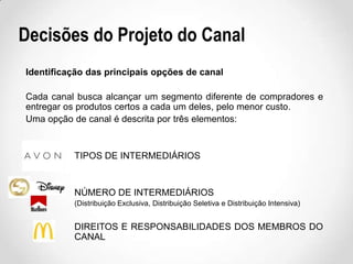 Decisões do Projeto do Canal
Identificação das principais opções de canal
Cada canal busca alcançar um segmento diferente de compradores e
entregar os produtos certos a cada um deles, pelo menor custo.
Uma opção de canal é descrita por três elementos:

TIPOS DE INTERMEDIÁRIOS

NÚMERO DE INTERMEDIÁRIOS
(Distribuição Exclusiva, Distribuição Seletiva e Distribuição Intensiva)

DIREITOS E RESPONSABILIDADES DOS MEMBROS DO
CANAL

 