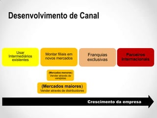 Desenvolvimento de Canal

Usar
Intermediários
existentes

Montar filiais em
novos mercados

Franquias
exclusivas

Parceiros
internacionais

(Mercados menores)

Vender através de
varejistas

(Mercados maiores)
Vender através de distribuidores

Crescimento da empresa

 