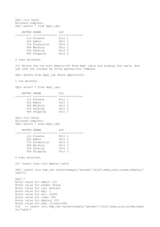 SQL> roll back;
Rollback complete.
SQL> select * from dept_tab;
DEPTNO DNAME LOC
---------- --------------- ---------------
111 Finance Unit 1
222 Admin Unit 1
333 Production Unit 2
444 Welding Unit 2
555 Packing Unit 3
666 Shipping Unit 3
6 rows selected.
14) Delete one row with deptno=333 from dept table and display the table. Now
use undo the changes by using appropriate command.
SQL> delete from dept_tab where deptno=333;
1 row deleted.
SQL> select * from dept_tab;
DEPTNO DNAME LOC
---------- --------------- ---------------
111 Finance Unit 1
222 Admin Unit 1
444 Welding Unit 2
555 Packing Unit 3
666 Shipping Unit 3
SQL> roll back;
Rollback complete.
SQL> select * from dept_tab;
DEPTNO DNAME LOC
---------- --------------- ---------------
111 Finance Unit 1
222 Admin Unit 1
333 Production Unit 2
444 Welding Unit 2
555 Packing Unit 3
666 Shipping Unit 3
6 rows selected.
15) Insert rows into Employ table
SQL> insert into emp_tab values(&empno,'&ename','&job',&mgr,&sal,&comm,&deptno,'
&dob');
SQL> /
Enter value for empno: 121
Enter value for ename: Chang
Enter value for job: Analyst
Enter value for mgr: 5
Enter value for sal: 45000
Enter value for comm: 500
Enter value for deptno: 333
Enter value for dob: 12-Jan-1990
old 1: insert into emp_tab values(&empno,'&ename','&job',&mgr,&sal,&comm,&dept
no,'&dob')
 